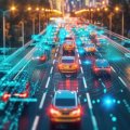 An AI overlay of traffic direction and movement as cars zoom on a freeway at dusk.